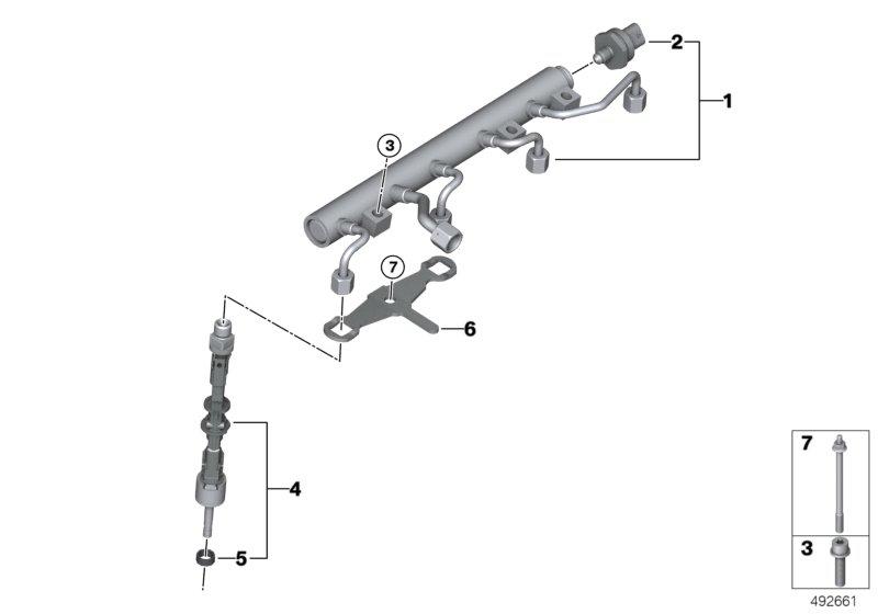 Hogedrukrail / injector / bevestiging